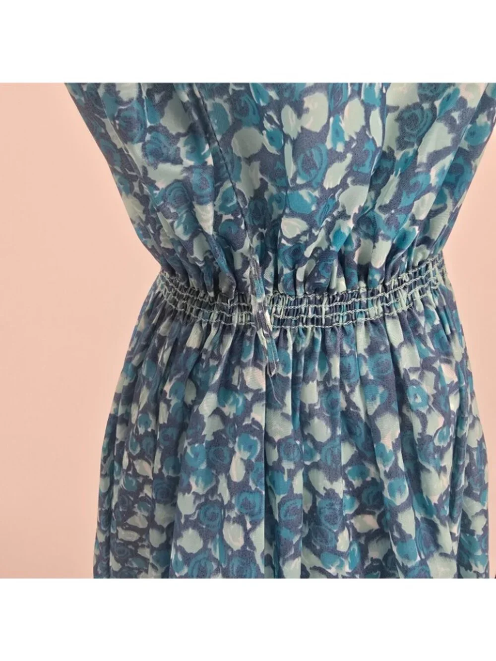 Vintage Late 1950s Blue Floral Semi-Sheer Elastic Waist Shirtdress Day Dress (M)